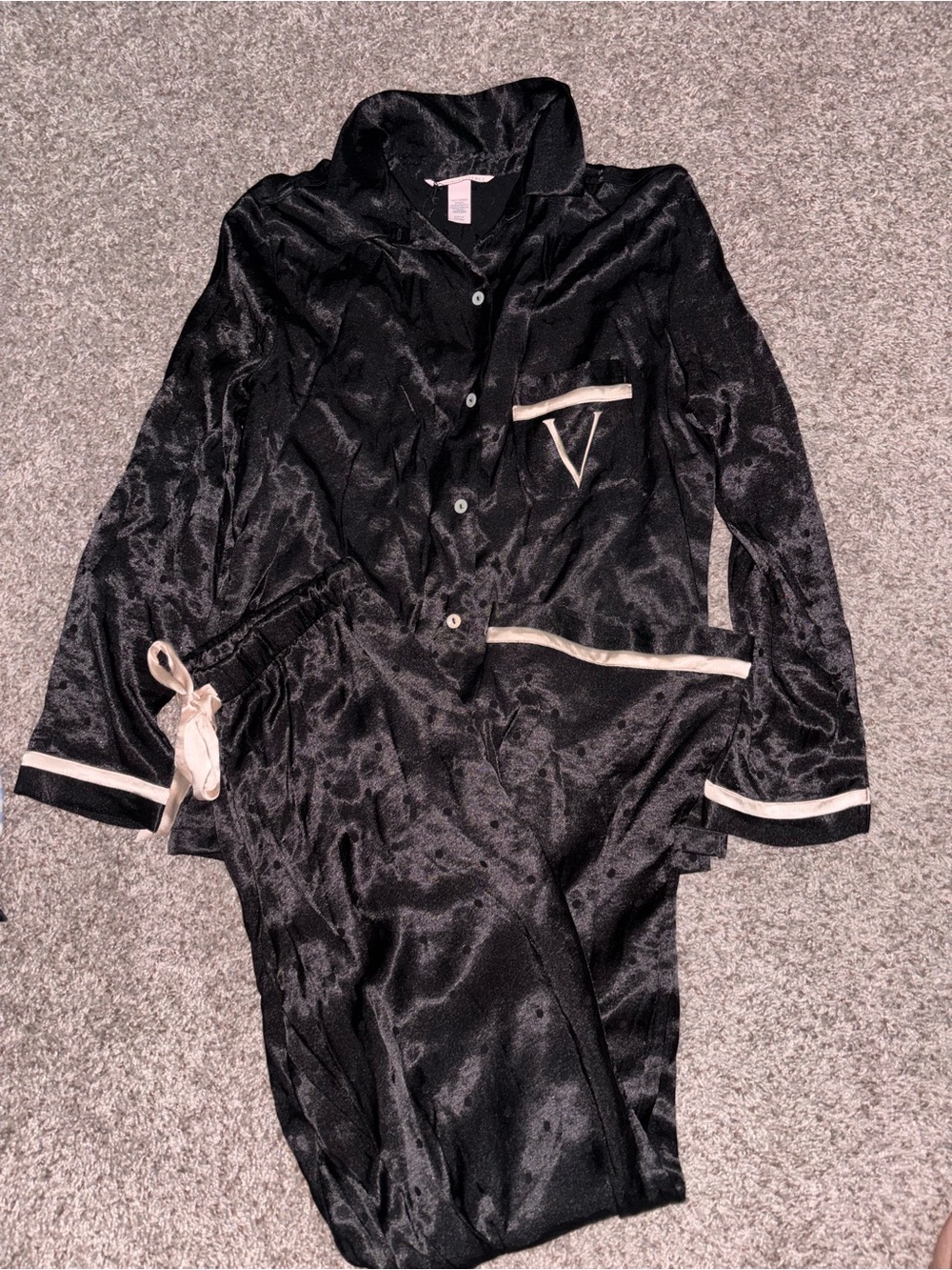 Victoria's Secret Black Satin Pajama Set with Cream Trim